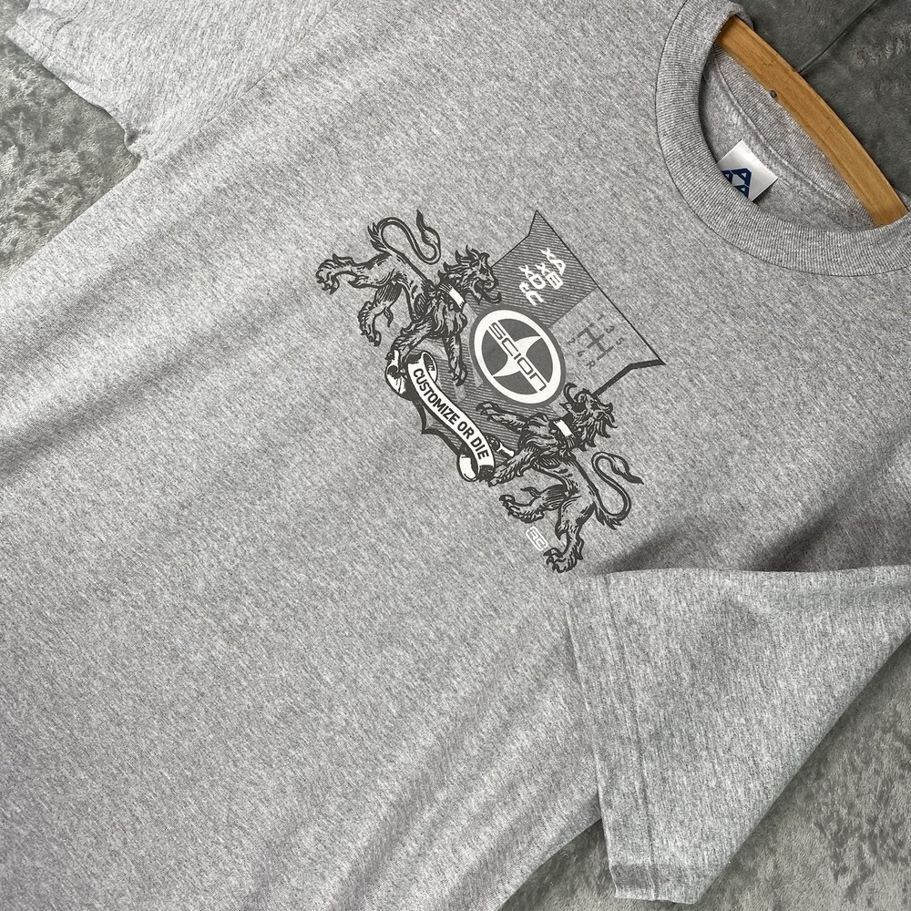 Vintage Scion Motors Shirt Mens Size L Grey Customize Or Die Crest Lion Y2K